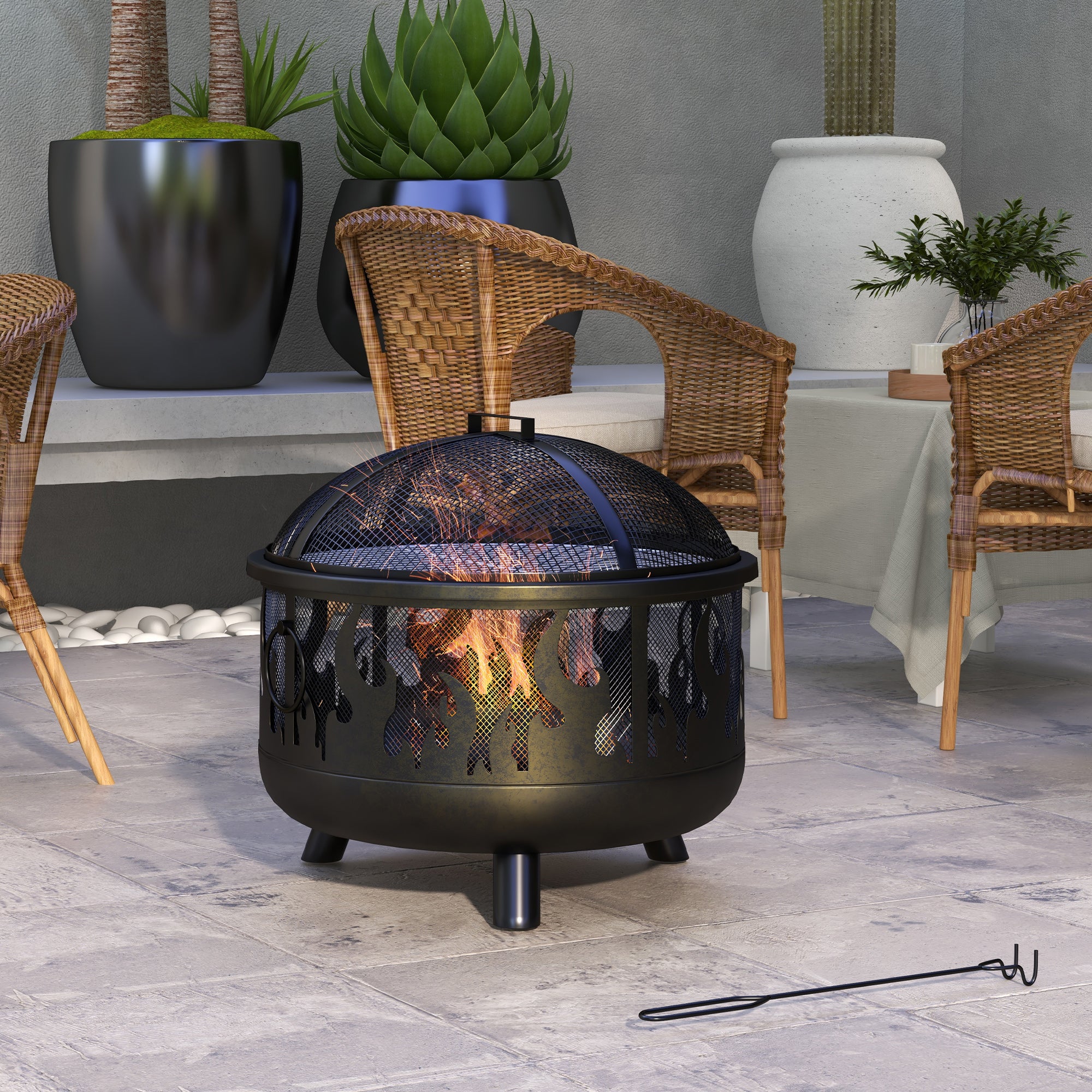 Steel Fire Pit BBQ, With Poker - Black