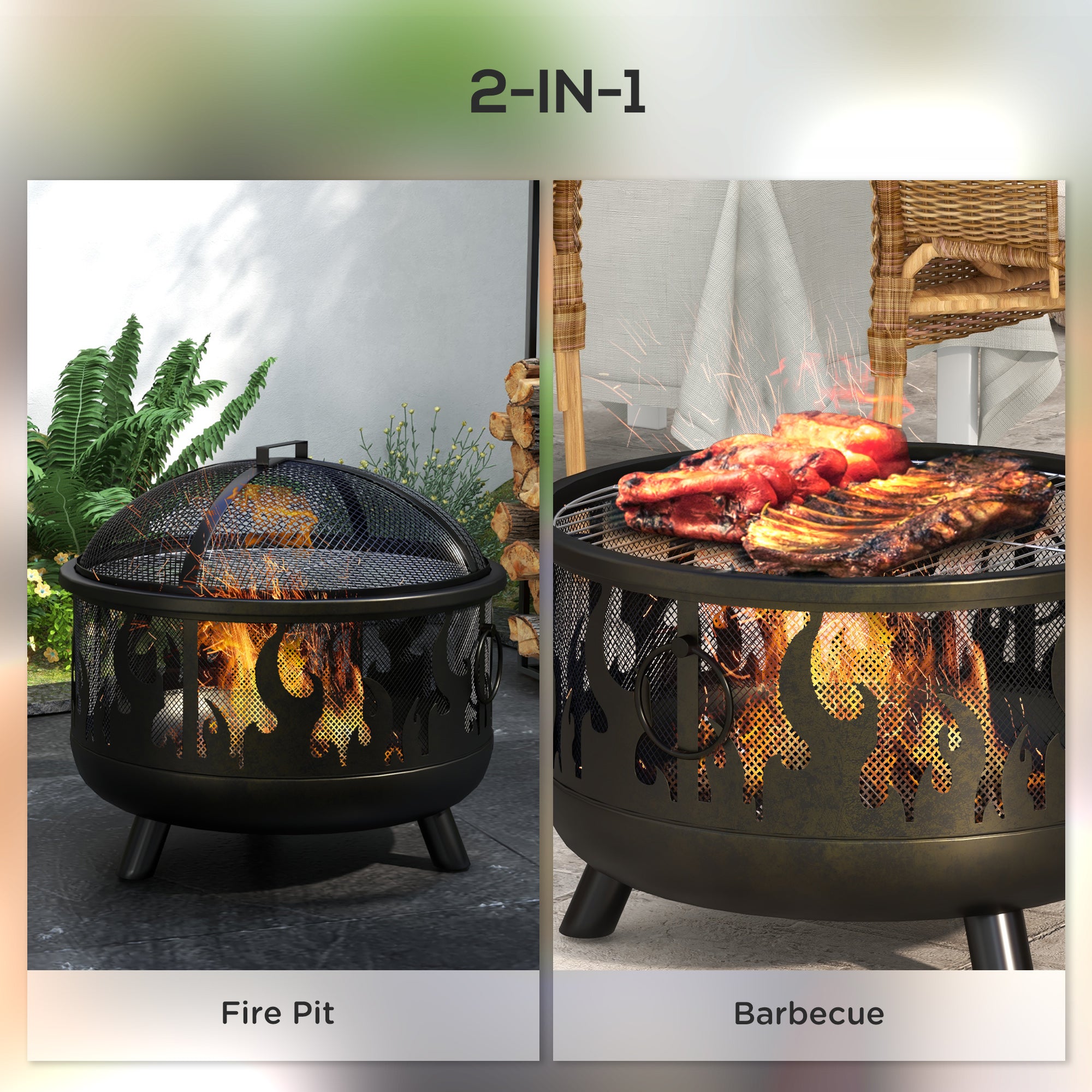 Steel Fire Pit BBQ, With Poker - Black